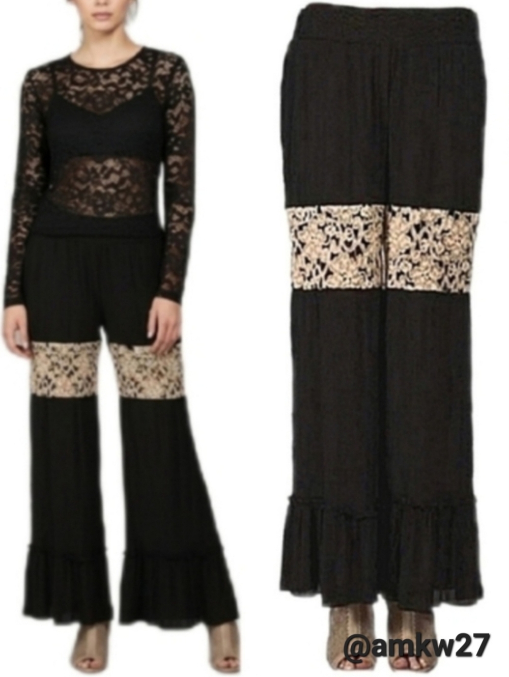 NWT A'reve Wide Leg Pants w/ Lace Trim Ruffled Bottom Black & Cream